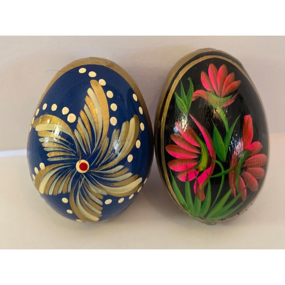 Hand-Painted Decorative Wooden Eggs With Gold Accents & Floral Patterns